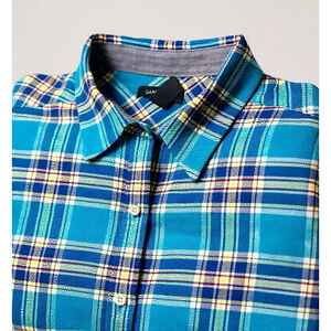 Lands' End Women's Plus Size 1X Plaid Flannel Button Down Shirt Teal